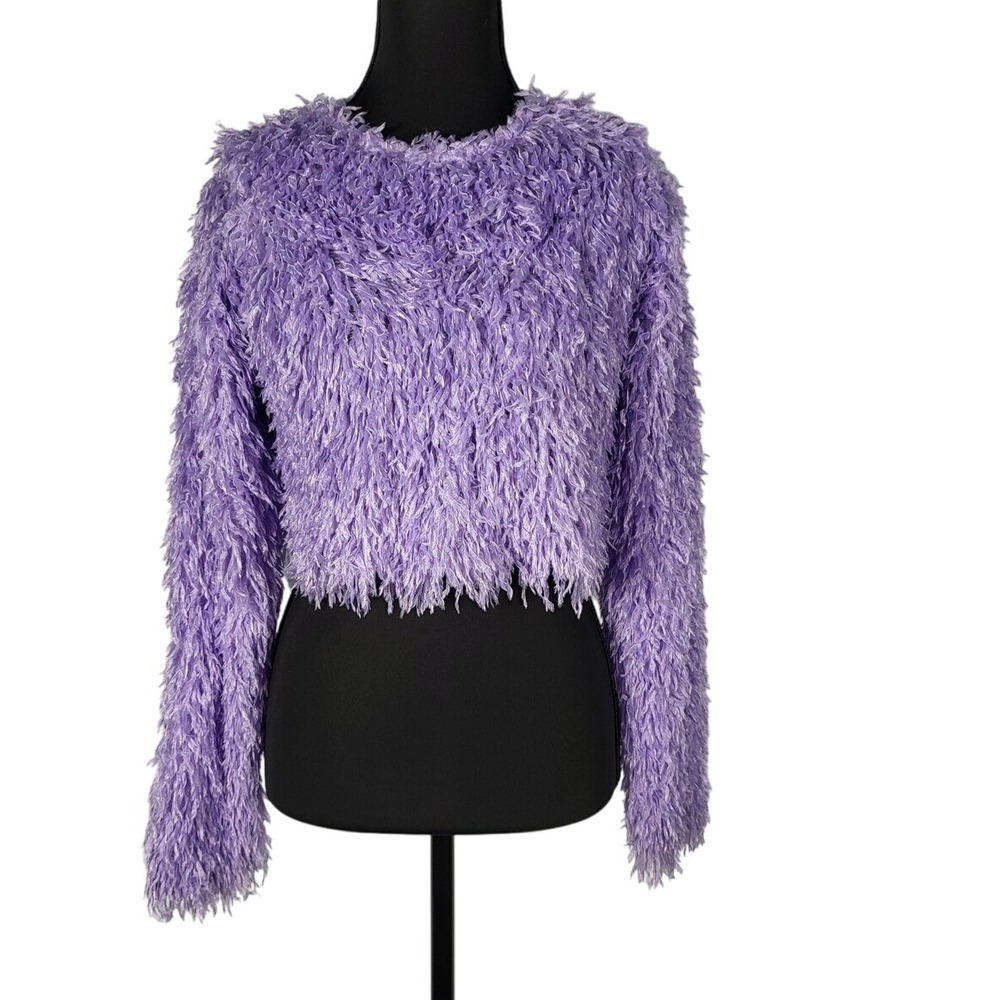 Fuzzy Cropped Blouse - Shaggy‎ Knit Pullover - Lavender Purple - Size S